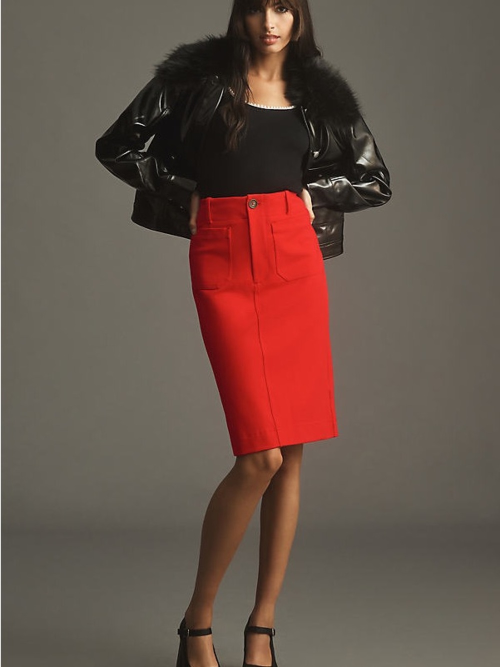 Anthropologie Maeve Red Ponte Knit Colette high waist midi pencil Skirt pocket S